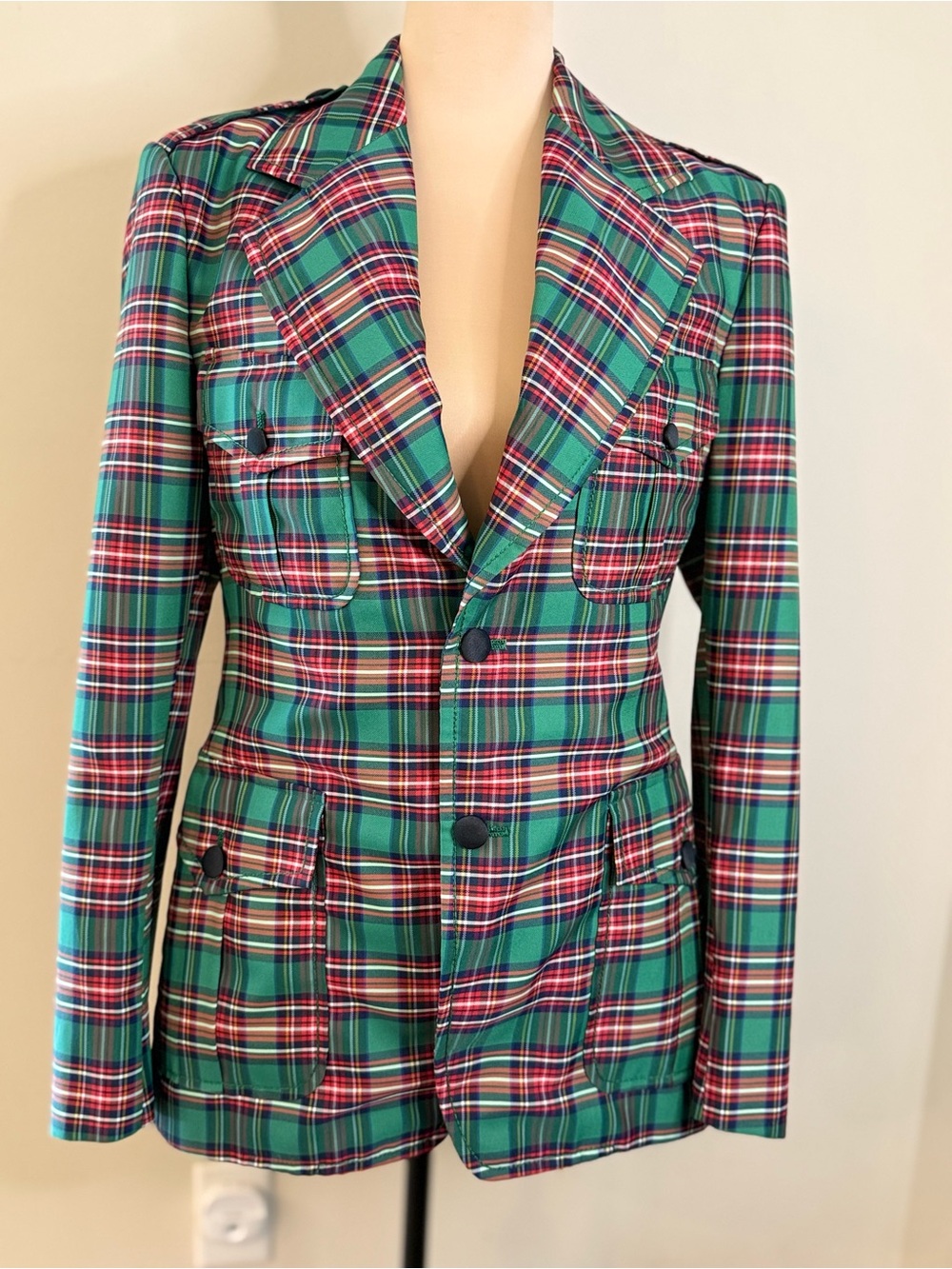Preppy Green Red Tartan Plaid blazer jacket lined split hem SZ M